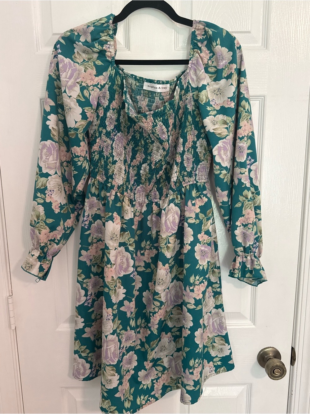 Smocked Floral Long-Sleeve Dress in Teal and Pink